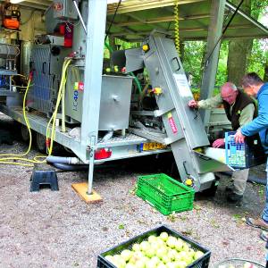 Meer dan zesduizend kilo appels en peren van particulieren tot sap geperst <br />tijdens de fruitpersdag van Landschap Overijssel in Mander