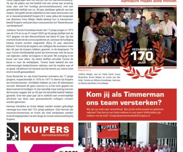 Aannemersbedrijf Kuipers Langeveen huldigt jubilarissen met 170 jaar dienstverband!